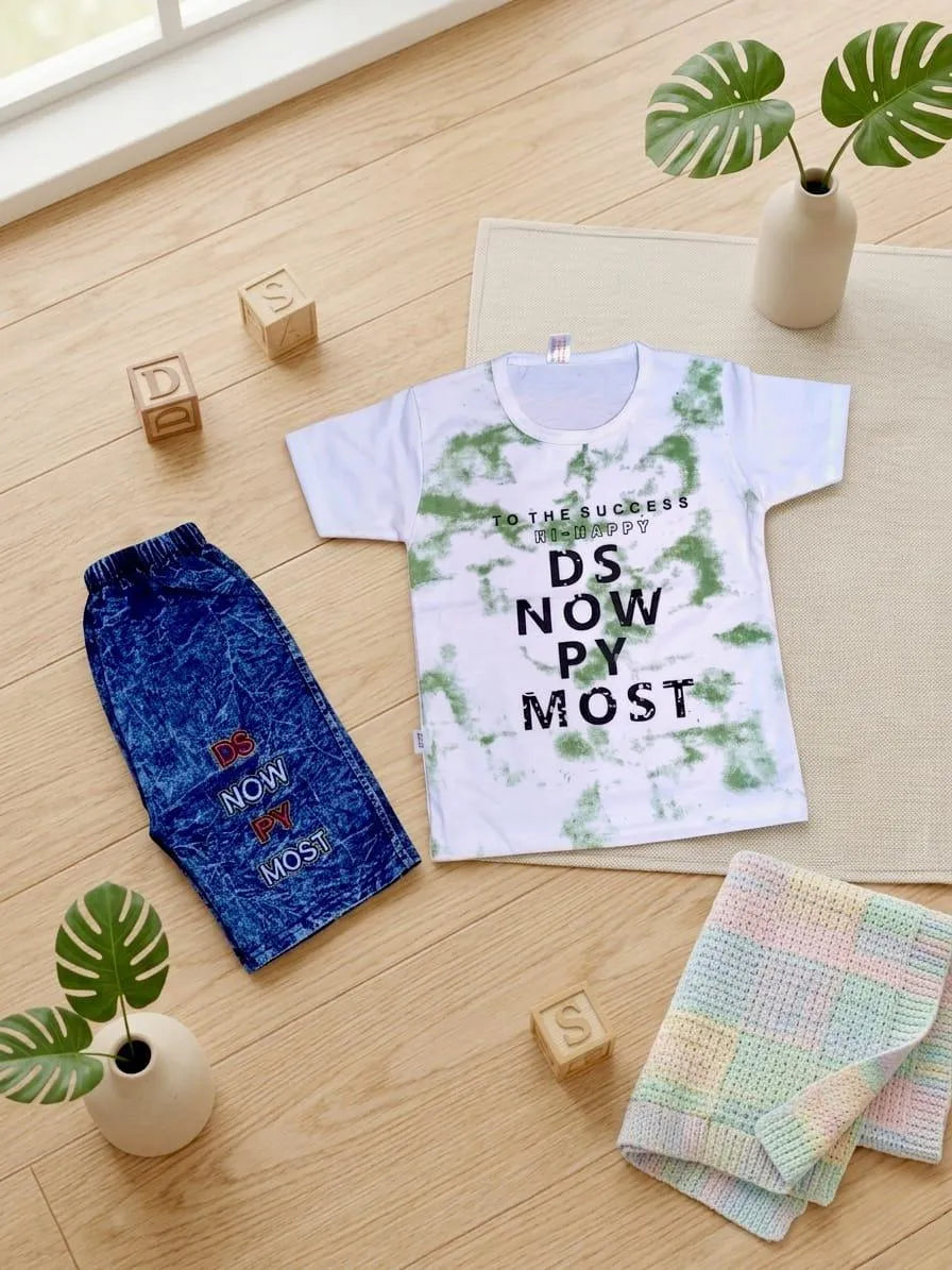 2 Pcs Boy's Printed Shirt And jeans Shorts Set