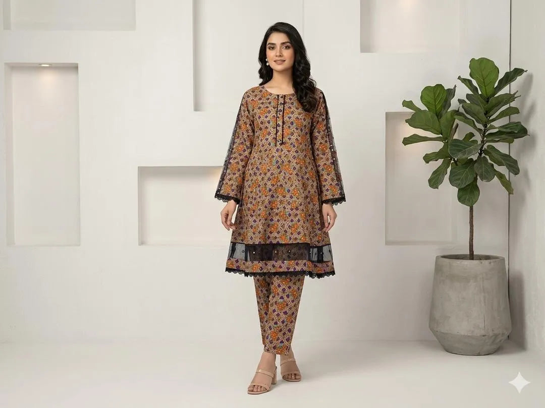 2 Pcs Women's Stitched Lawn Digital Print Frock And Trouser with Lace and Tissue