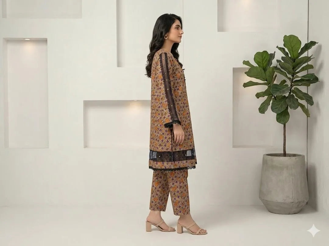 2 Pcs Women's Stitched Lawn Digital Print Frock And Trouser with Lace and Tissue
