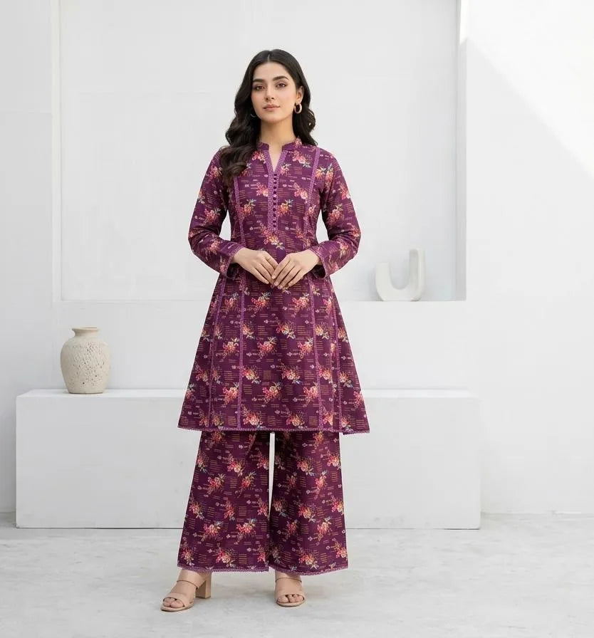 2 Pcs Women's Stitched Lawn Digital Print Frock And Trouser with Lace work
