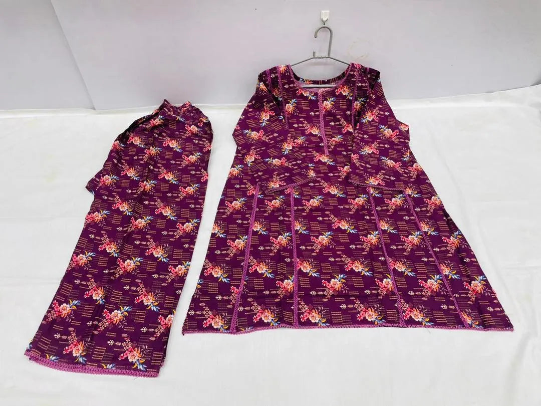 2 Pcs Women's Stitched Lawn Digital Print Frock And Trouser with Lace work