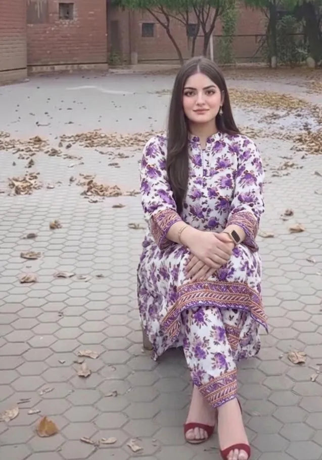 2 Pcs Women's Stitched Lawn Printed Shirt And Trouser